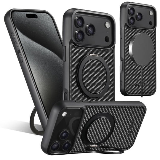 For iPhone 17 Pro Suteni G3 Carbon Fiber Leather 360 Rotation Holder MagSafe Phone Case(Black)
