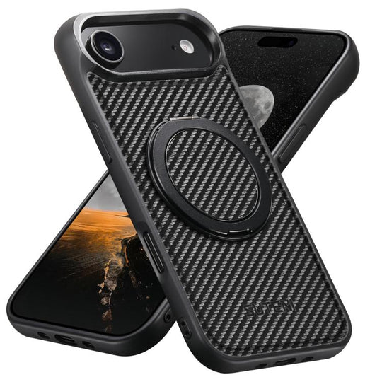 For iPhone 17 Air Suteni G3 Carbon Fiber Leather 360 Rotation Holder MagSafe Phone Case(Black)