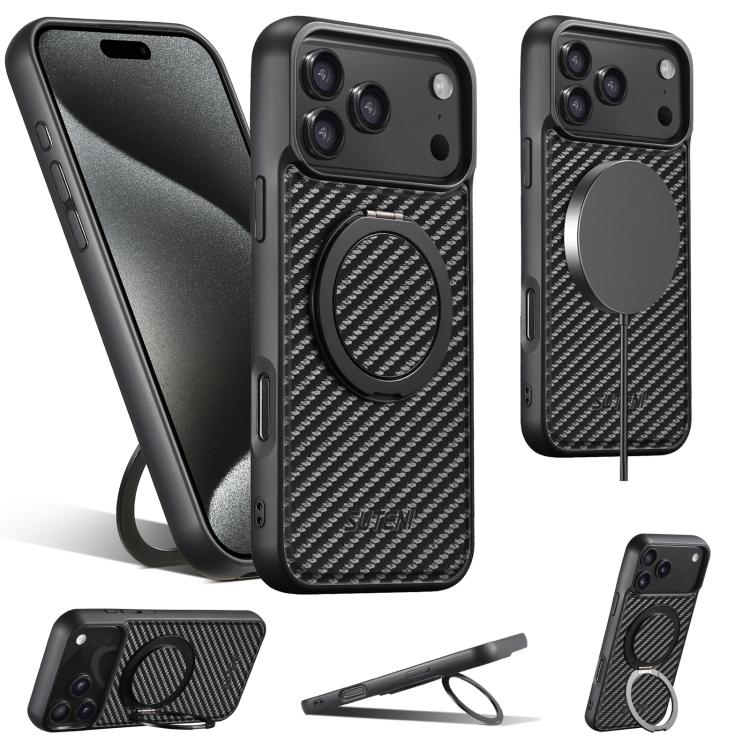 For iPhone 17 Suteni G3 Carbon Fiber Leather 360 Rotation Holder MagSafe Phone Case(Black) - iPhone 17 Cases by Suteni | Online Shopping UK | buy2fix