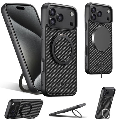 For iPhone 17 Suteni G3 Carbon Fiber Leather 360 Rotation Holder MagSafe Phone Case(Black) - iPhone 17 Cases by Suteni | Online Shopping UK | buy2fix