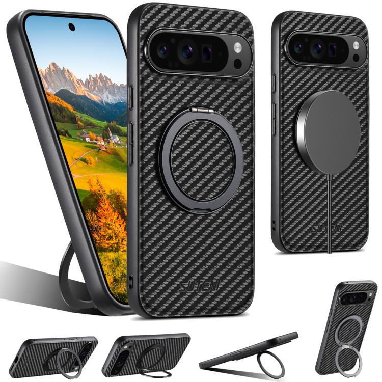 For Google Pixel 10 Pro Suteni G3 Carbon Fiber Leather 360 Rotation Holder MagSafe Phone Case(Black) - Google Cases by Suteni | Online Shopping UK | buy2fix