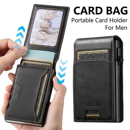 Suteni Oil Waxy Keys Automatically Pop Up Card Wallet Case(Black) - Adhesive Card Holders by Suteni | Online Shopping UK | buy2fix