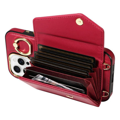 For iPhone 16 Pro Max Diagonal Crossbody Ring Organ Wallet Leather Back Phone Case(Wine Red) - iPhone 16 Pro Max Cases by buy2fix | Online Shopping UK | buy2fix