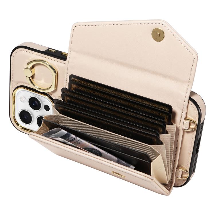 For iPhone 16 Pro Max Diagonal Crossbody Ring Organ Wallet Leather Back Phone Case(Beige) - iPhone 16 Pro Max Cases by buy2fix | Online Shopping UK | buy2fix