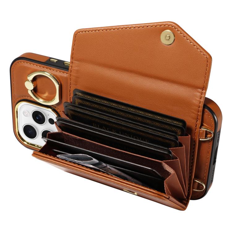 For iPhone 16 Pro Max Diagonal Crossbody Ring Organ Wallet Leather Back Phone Case(Brown) - iPhone 16 Pro Max Cases by buy2fix | Online Shopping UK | buy2fix