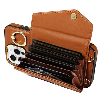 For iPhone 16 Pro Max Diagonal Crossbody Ring Organ Wallet Leather Back Phone Case(Brown) - iPhone 16 Pro Max Cases by buy2fix | Online Shopping UK | buy2fix
