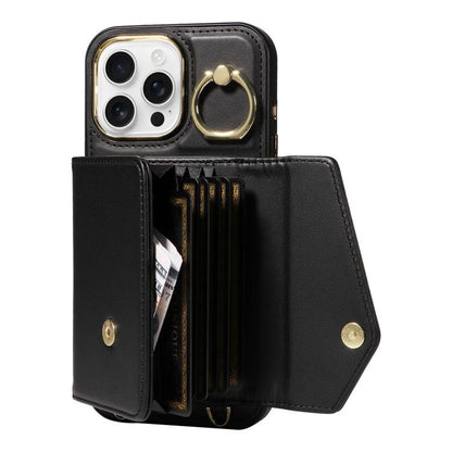 For iPhone 16 Pro Diagonal Crossbody Ring Organ Wallet Leather Back Phone Case(Black) - iPhone 16 Pro Cases by buy2fix | Online Shopping UK | buy2fix