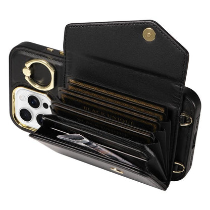 For iPhone 16 Pro Diagonal Crossbody Ring Organ Wallet Leather Back Phone Case(Black) - iPhone 16 Pro Cases by buy2fix | Online Shopping UK | buy2fix