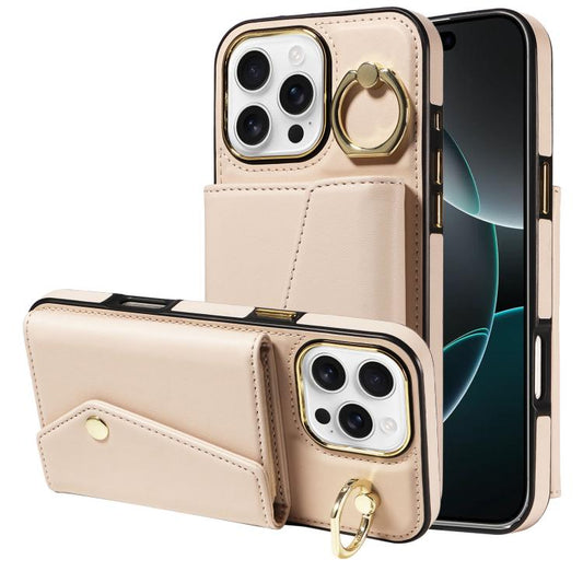 For iPhone 16 Pro Diagonal Crossbody Ring Organ Wallet Leather Back Phone Case(Beige) - iPhone 16 Pro Cases by buy2fix | Online Shopping UK | buy2fix