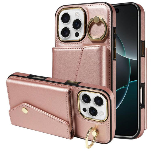 For iPhone 16 Pro Diagonal Crossbody Ring Organ Wallet Leather Back Phone Case(Rose Gold) - iPhone 16 Pro Cases by buy2fix | Online Shopping UK | buy2fix