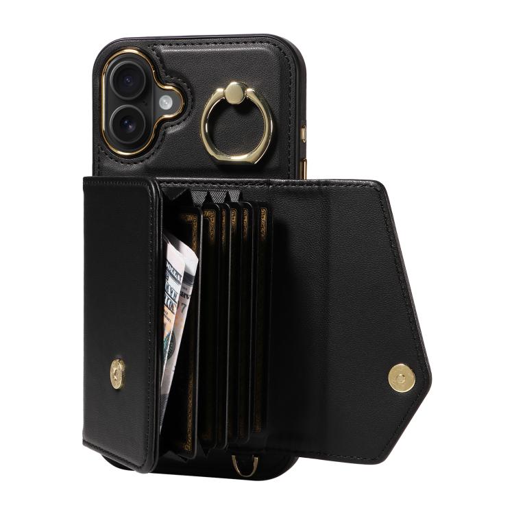 For iPhone 16 Plus Diagonal Crossbody Ring Organ Wallet Leather Back Phone Case(Black) - iPhone 16 Plus Cases by buy2fix | Online Shopping UK | buy2fix