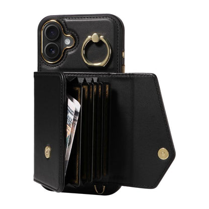 For iPhone 16 Plus Diagonal Crossbody Ring Organ Wallet Leather Back Phone Case(Black) - iPhone 16 Plus Cases by buy2fix | Online Shopping UK | buy2fix