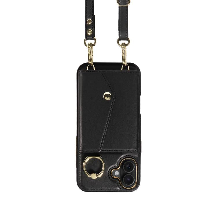 For iPhone 16 Plus Diagonal Crossbody Ring Organ Wallet Leather Back Phone Case(Black) - iPhone 16 Plus Cases by buy2fix | Online Shopping UK | buy2fix
