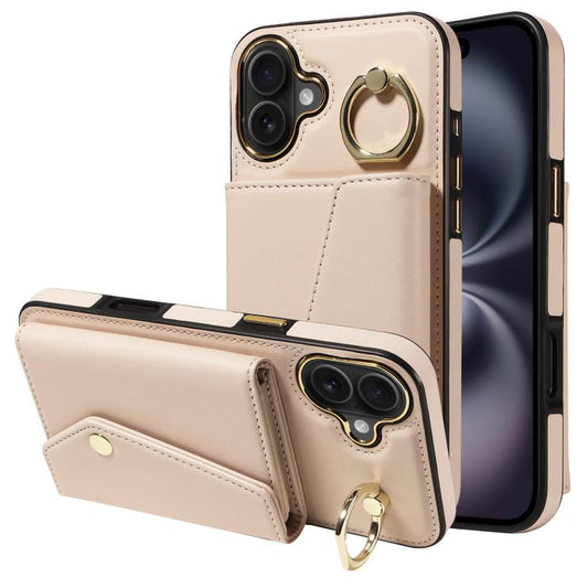 For iPhone 16 Plus Diagonal Crossbody Ring Organ Wallet Leather Back Phone Case(Beige) - iPhone 16 Plus Cases by buy2fix | Online Shopping UK | buy2fix