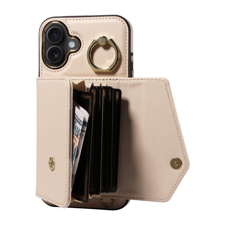 For iPhone 16 Plus Diagonal Crossbody Ring Organ Wallet Leather Back Phone Case(Beige) - iPhone 16 Plus Cases by buy2fix | Online Shopping UK | buy2fix