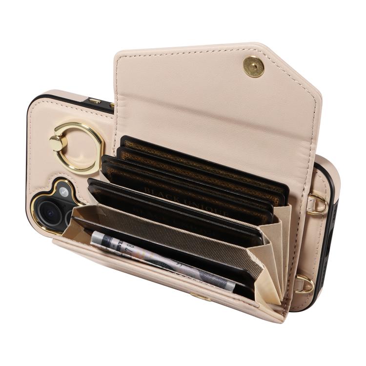 For iPhone 16 Plus Diagonal Crossbody Ring Organ Wallet Leather Back Phone Case(Beige) - iPhone 16 Plus Cases by buy2fix | Online Shopping UK | buy2fix