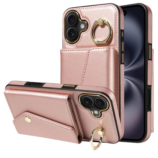 For iPhone 16 Plus Diagonal Crossbody Ring Organ Wallet Leather Back Phone Case(Rose Gold) - iPhone 16 Plus Cases by buy2fix | Online Shopping UK | buy2fix