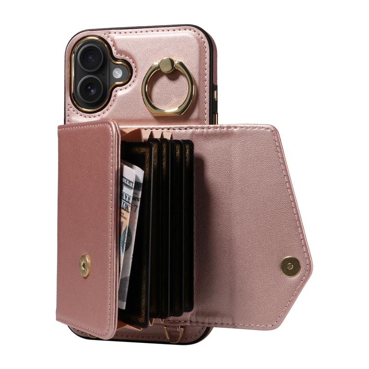 For iPhone 16 Plus Diagonal Crossbody Ring Organ Wallet Leather Back Phone Case(Rose Gold) - iPhone 16 Plus Cases by buy2fix | Online Shopping UK | buy2fix