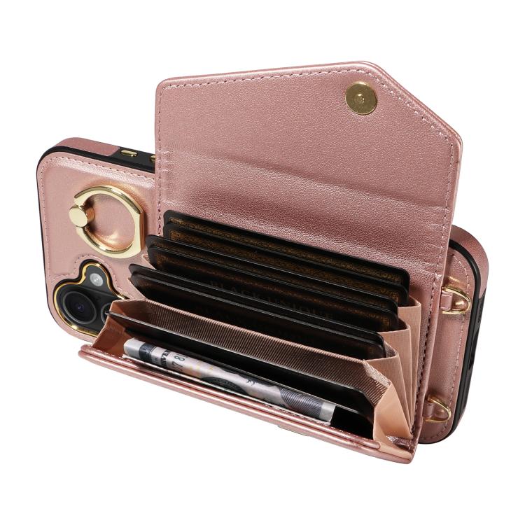 For iPhone 16 Plus Diagonal Crossbody Ring Organ Wallet Leather Back Phone Case(Rose Gold) - iPhone 16 Plus Cases by buy2fix | Online Shopping UK | buy2fix