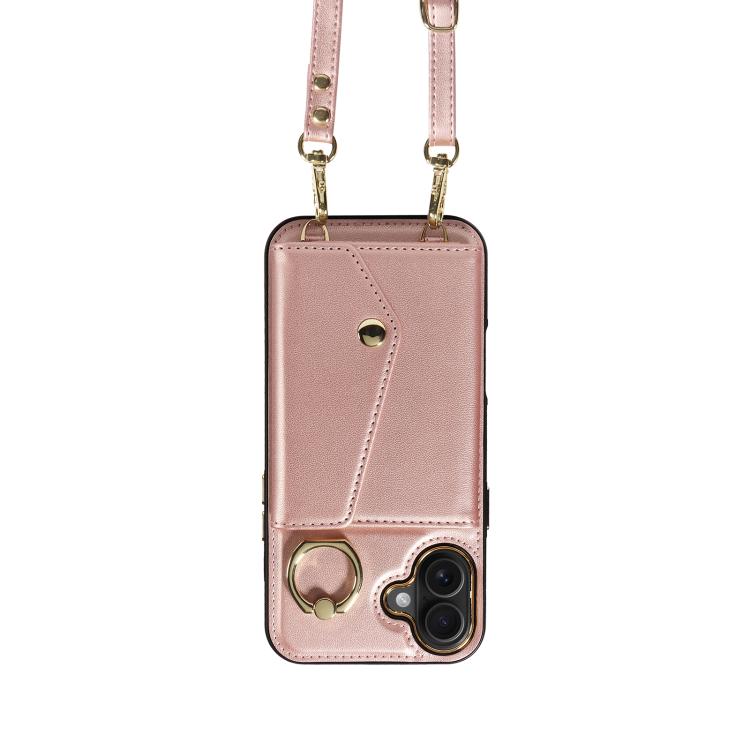 For iPhone 16 Plus Diagonal Crossbody Ring Organ Wallet Leather Back Phone Case(Rose Gold) - iPhone 16 Plus Cases by buy2fix | Online Shopping UK | buy2fix