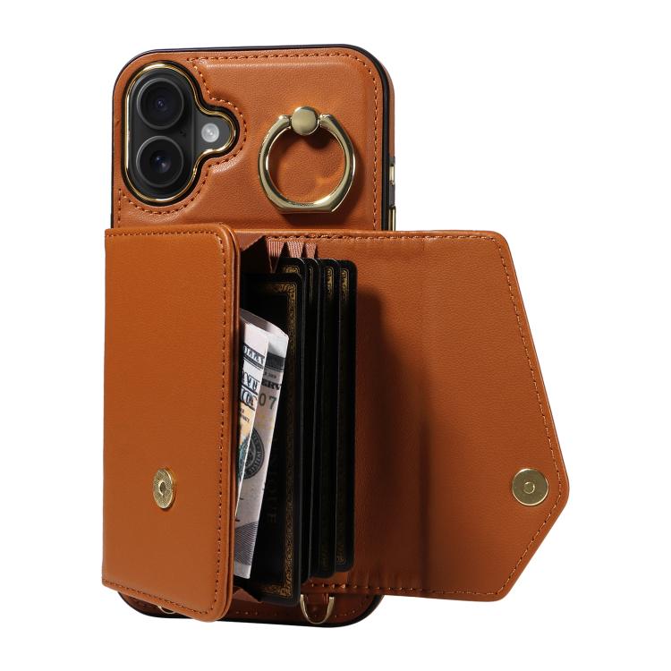 For iPhone 16 Plus Diagonal Crossbody Ring Organ Wallet Leather Back Phone Case(Brown) - iPhone 16 Plus Cases by buy2fix | Online Shopping UK | buy2fix