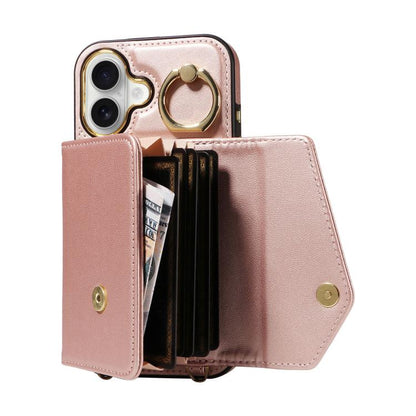 For iPhone 16 Diagonal Crossbody Ring Organ Wallet Leather Back Phone Case(Rose Gold) - iPhone 16 Cases by buy2fix | Online Shopping UK | buy2fix