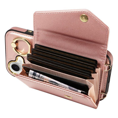 For iPhone 16 Diagonal Crossbody Ring Organ Wallet Leather Back Phone Case(Rose Gold) - iPhone 16 Cases by buy2fix | Online Shopping UK | buy2fix