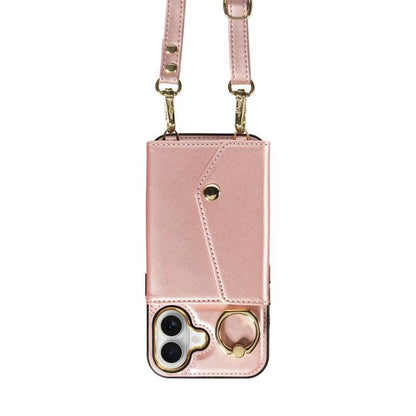 For iPhone 16 Diagonal Crossbody Ring Organ Wallet Leather Back Phone Case(Rose Gold) - iPhone 16 Cases by buy2fix | Online Shopping UK | buy2fix