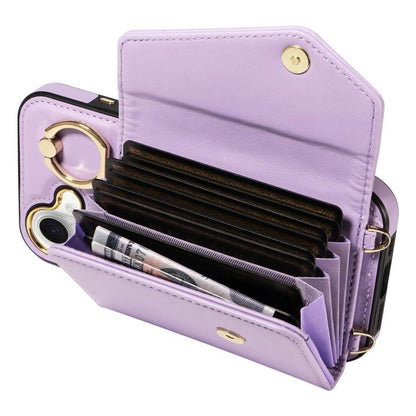 For iPhone 16 Diagonal Crossbody Ring Organ Wallet Leather Back Phone Case(Purple) - iPhone 16 Cases by buy2fix | Online Shopping UK | buy2fix