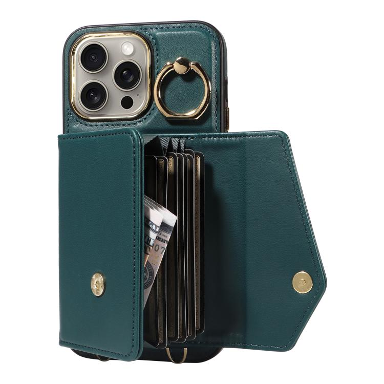 For iPhone 15 Pro Max Diagonal Crossbody Ring Organ Wallet Leather Back Phone Case(Dark Green) - iPhone 15 Pro Max Cases by buy2fix | Online Shopping UK | buy2fix