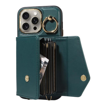 For iPhone 15 Pro Max Diagonal Crossbody Ring Organ Wallet Leather Back Phone Case(Dark Green) - iPhone 15 Pro Max Cases by buy2fix | Online Shopping UK | buy2fix