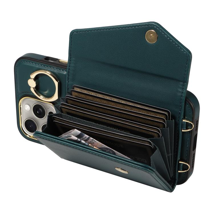 For iPhone 15 Pro Max Diagonal Crossbody Ring Organ Wallet Leather Back Phone Case(Dark Green) - iPhone 15 Pro Max Cases by buy2fix | Online Shopping UK | buy2fix