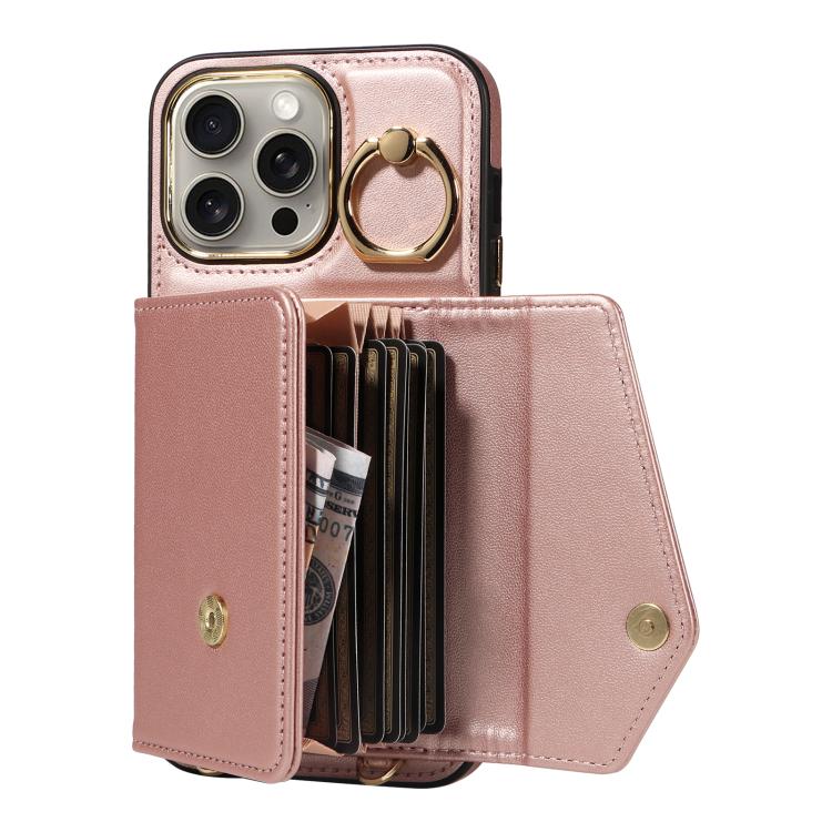 For iPhone 15 Pro Max Diagonal Crossbody Ring Organ Wallet Leather Back Phone Case(Rose Gold) - iPhone 15 Pro Max Cases by buy2fix | Online Shopping UK | buy2fix