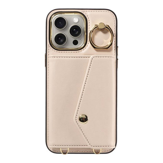 For iPhone 15 Pro Diagonal Crossbody Ring Organ Wallet Leather Back Phone Case(Beige) - iPhone 15 Pro Cases by buy2fix | Online Shopping UK | buy2fix