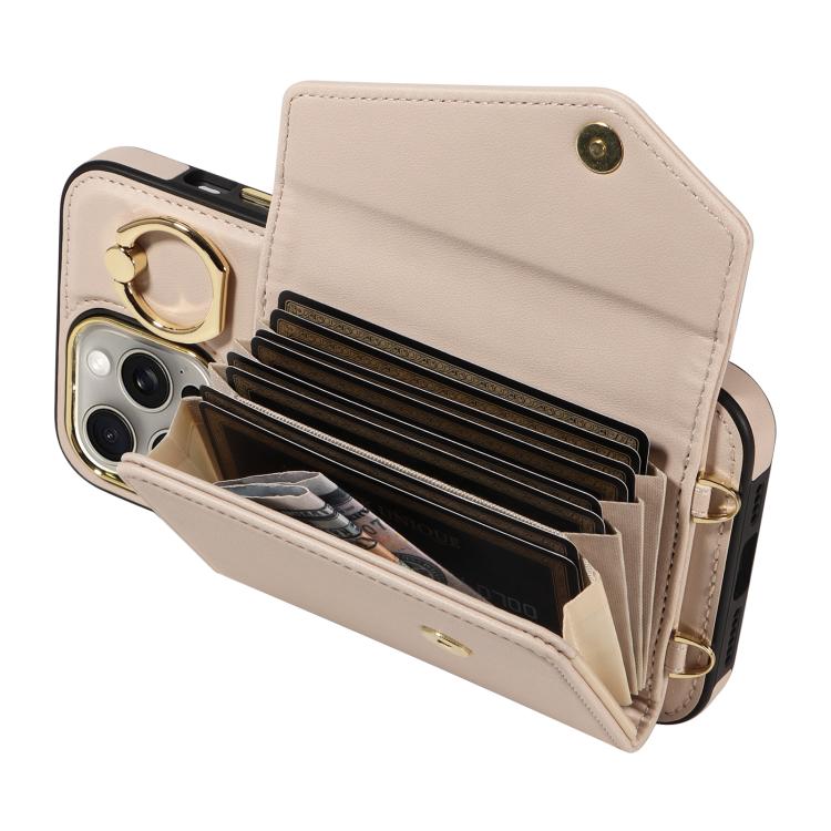For iPhone 15 Pro Diagonal Crossbody Ring Organ Wallet Leather Back Phone Case(Beige) - iPhone 15 Pro Cases by buy2fix | Online Shopping UK | buy2fix