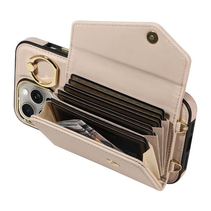 For iPhone 15 Pro Diagonal Crossbody Ring Organ Wallet Leather Back Phone Case(Beige) - iPhone 15 Pro Cases by buy2fix | Online Shopping UK | buy2fix