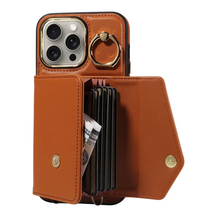 For iPhone 15 Pro Diagonal Crossbody Ring Organ Wallet Leather Back Phone Case(Brown) - iPhone 15 Pro Cases by buy2fix | Online Shopping UK | buy2fix