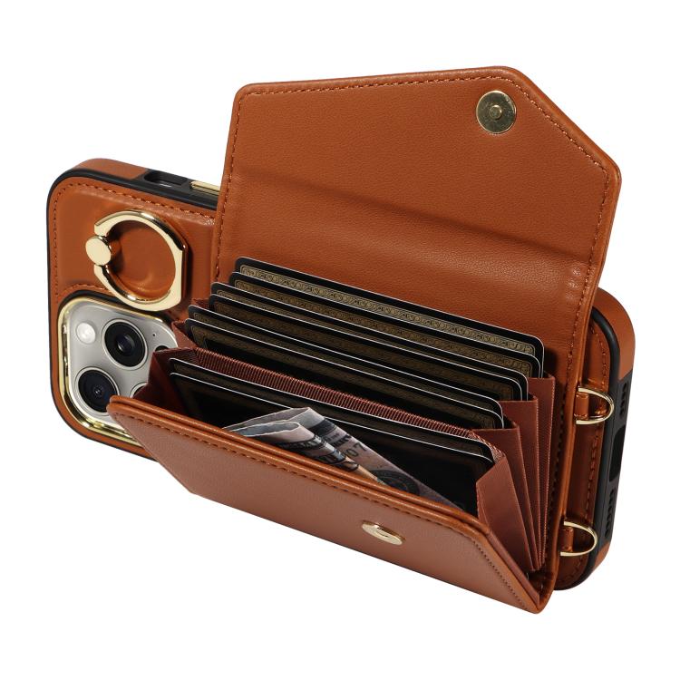 For iPhone 15 Pro Diagonal Crossbody Ring Organ Wallet Leather Back Phone Case(Brown) - iPhone 15 Pro Cases by buy2fix | Online Shopping UK | buy2fix