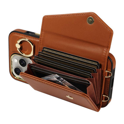 For iPhone 15 Pro Diagonal Crossbody Ring Organ Wallet Leather Back Phone Case(Brown) - iPhone 15 Pro Cases by buy2fix | Online Shopping UK | buy2fix