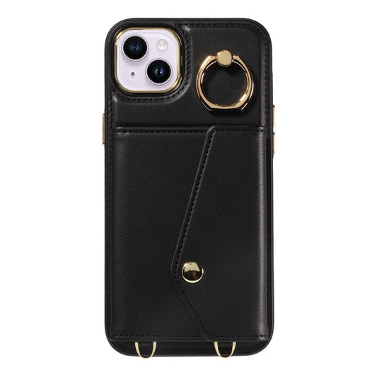 For iPhone 15 Diagonal Crossbody Ring Organ Wallet Leather Back Phone Case(Black) - iPhone 15 Cases by buy2fix | Online Shopping UK | buy2fix