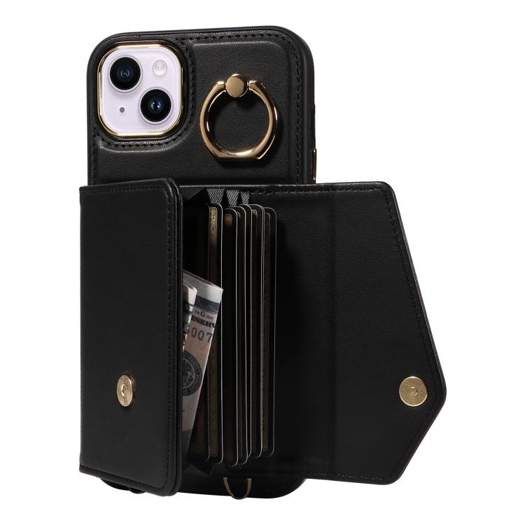 For iPhone 15 Diagonal Crossbody Ring Organ Wallet Leather Back Phone Case(Black) - iPhone 15 Cases by buy2fix | Online Shopping UK | buy2fix