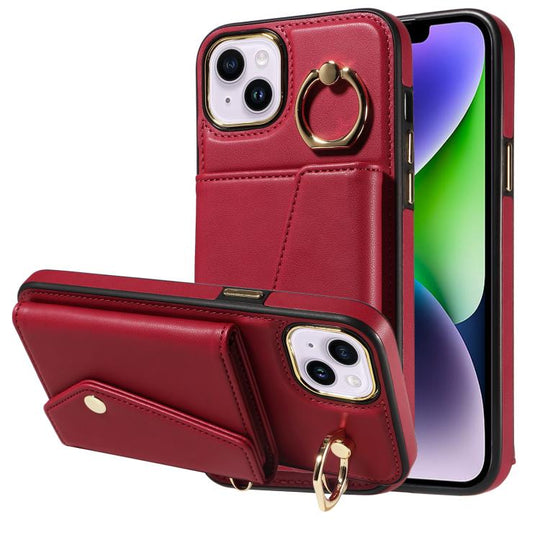 For iPhone 15 Diagonal Crossbody Ring Organ Wallet Leather Back Phone Case(Wine Red)