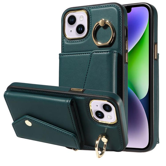 For iPhone 15 Diagonal Crossbody Ring Organ Wallet Leather Back Phone Case(Dark Green)