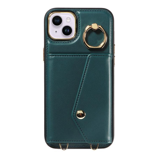For iPhone 15 Diagonal Crossbody Ring Organ Wallet Leather Back Phone Case(Dark Green) - iPhone 15 Cases by buy2fix | Online Shopping UK | buy2fix