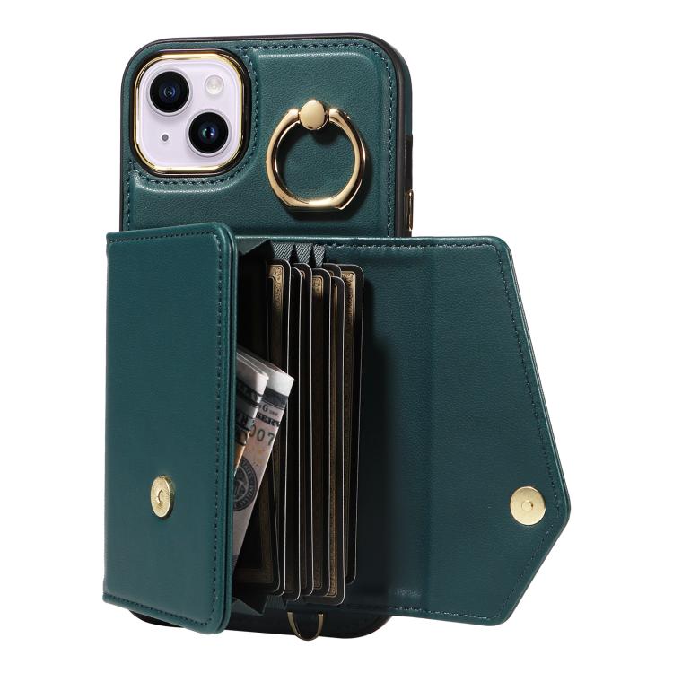 For iPhone 15 Diagonal Crossbody Ring Organ Wallet Leather Back Phone Case(Dark Green) - iPhone 15 Cases by buy2fix | Online Shopping UK | buy2fix