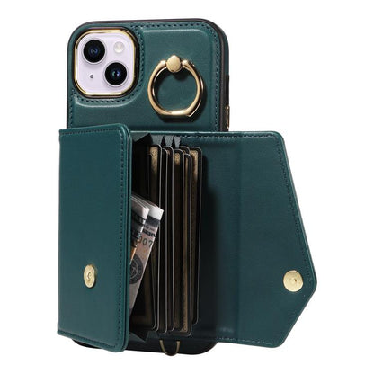 For iPhone 15 Diagonal Crossbody Ring Organ Wallet Leather Back Phone Case(Dark Green) - iPhone 15 Cases by buy2fix | Online Shopping UK | buy2fix