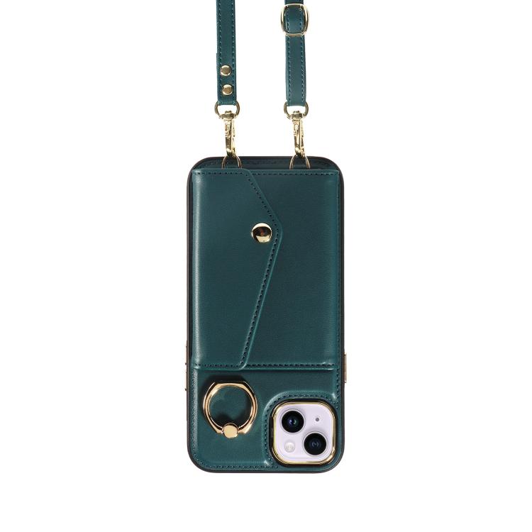 For iPhone 15 Diagonal Crossbody Ring Organ Wallet Leather Back Phone Case(Dark Green) - iPhone 15 Cases by buy2fix | Online Shopping UK | buy2fix