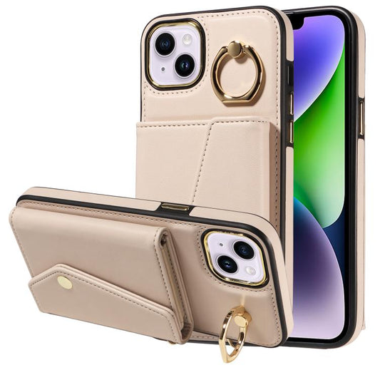 For iPhone 15 Diagonal Crossbody Ring Organ Wallet Leather Back Phone Case(Beige) - iPhone 15 Cases by buy2fix | Online Shopping UK | buy2fix