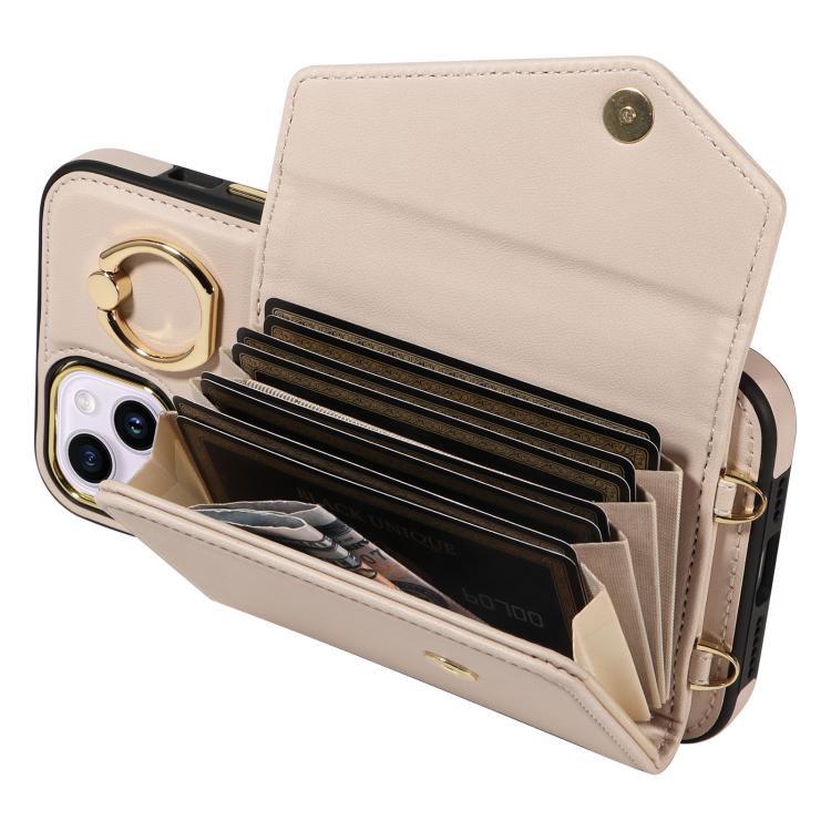 For iPhone 15 Diagonal Crossbody Ring Organ Wallet Leather Back Phone Case(Beige) - iPhone 15 Cases by buy2fix | Online Shopping UK | buy2fix