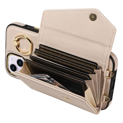 For iPhone 15 Diagonal Crossbody Ring Organ Wallet Leather Back Phone Case(Beige) - iPhone 15 Cases by buy2fix | Online Shopping UK | buy2fix